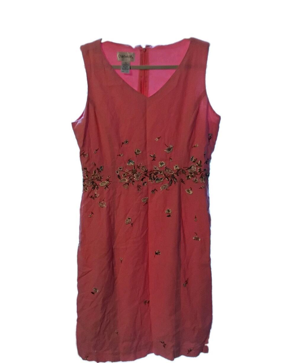 Chadwick's Linen Blend Embroidered Dress Women's Size 14 Floral Pink Sleeveless